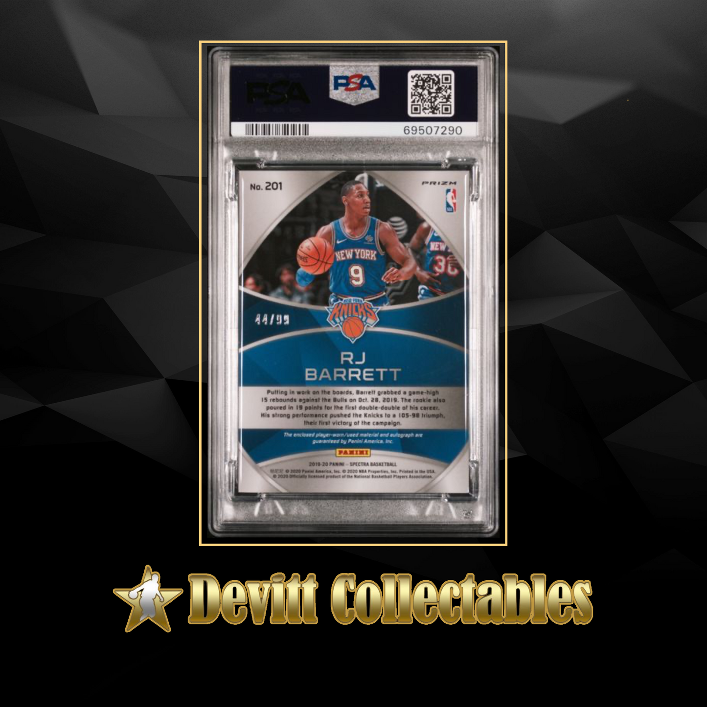 2019/20 panini select r.j. barrett #/99 rookie jersey on card auto psa8/10